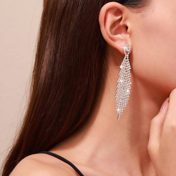 Bling Rhinestone Dangle Prom Women Long Tassel Crystal Chandelier Earrings - Picture 3 of 8